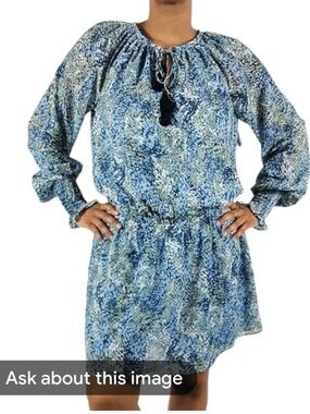 Ramy Brook Brinley Printed Blue and Navy Printed Tie-Neck Mini Dress    Size Lar